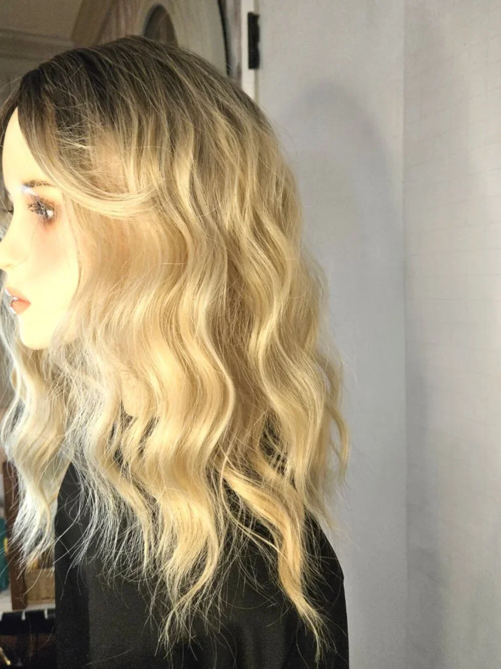 Glow Up Blonde Ombre Wavy Textured Long Wig Heat Safe. Dark rooted Ice Blonde